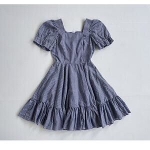 Vtg 80s Navy Gingham Puff Sleeve Rockabilly Square Dancing Dress S / Cottagecore